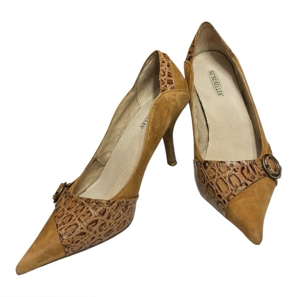 Seychelles Tan Suede Stiletto Heel Size 8.5 Croc Embossed Leather Accent Buckle - Picture 14 of 16
